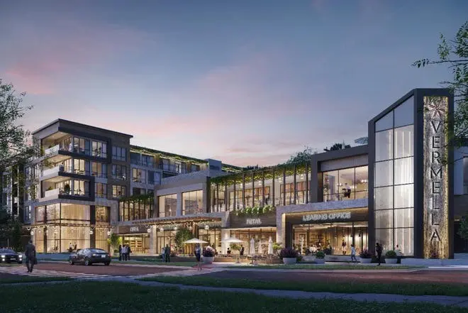 A rendering of the exterior of an apartment complex.