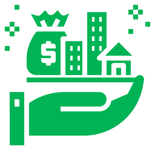 Icon of a hand holding a money bag, skyscraper, house, and building, symbolizing financial services or investment. Green color.