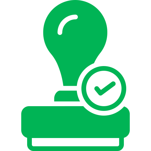 A green rubber stamp icon with a check mark symbol.