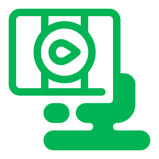 Green icon of a person seated at a computer screen displaying a play button.