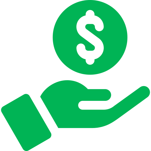 Green icon of a hand holding a coin with a dollar sign.
