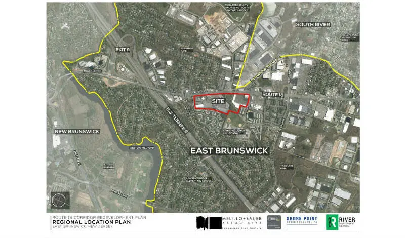 A map of the east brunswick area with a red line showing where to go.