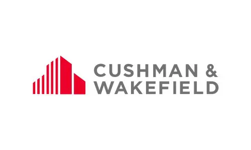 A red and white logo of cushman wakefield