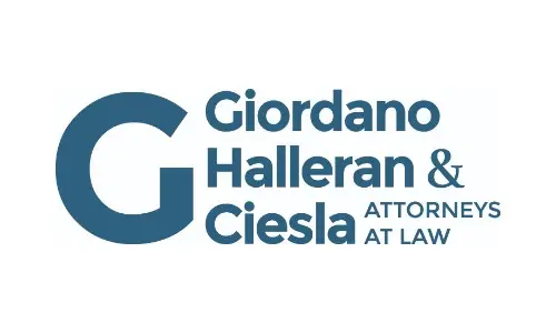 A blue and white logo for giordano halleran & ciesla attorneys at law.