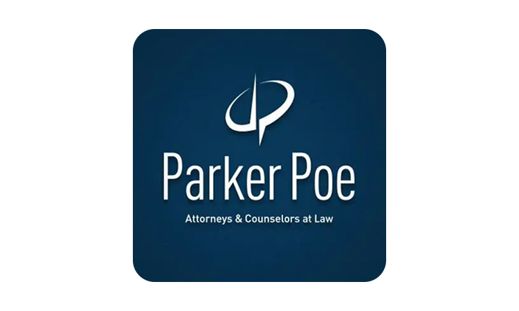 A blue square with the words parker poe attorneys and counselors at law.