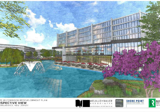 A rendering of the hotel with water fountains.