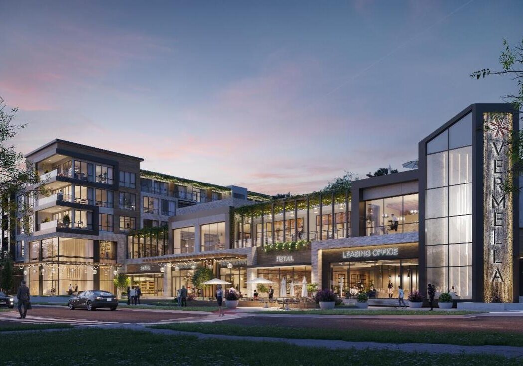 A rendering of the exterior of an apartment complex.